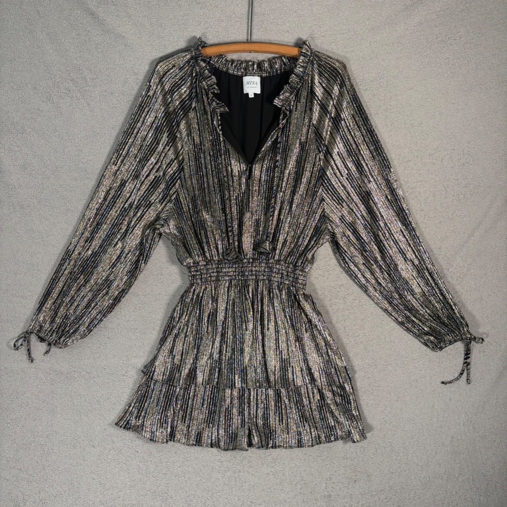 Misa LA Shirin Blouson‎ Metallic Mini Dress Size S Striped Ruffle Smocked Waist